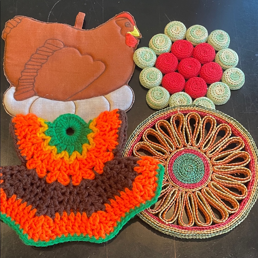 Colorful Crochet and Fabric trivet  Set vintage pieces